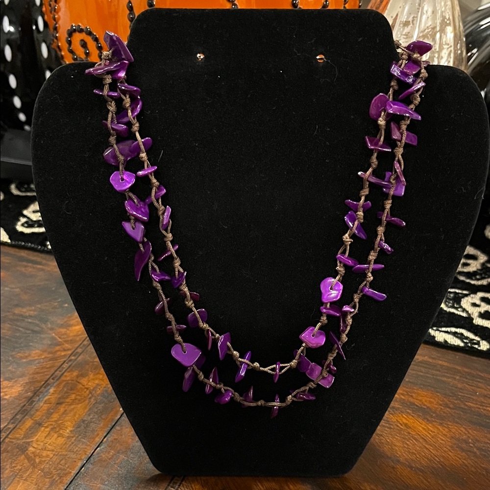Purple Shell Chip Beaded Necklace on Braided Cord — Boho Layered Style